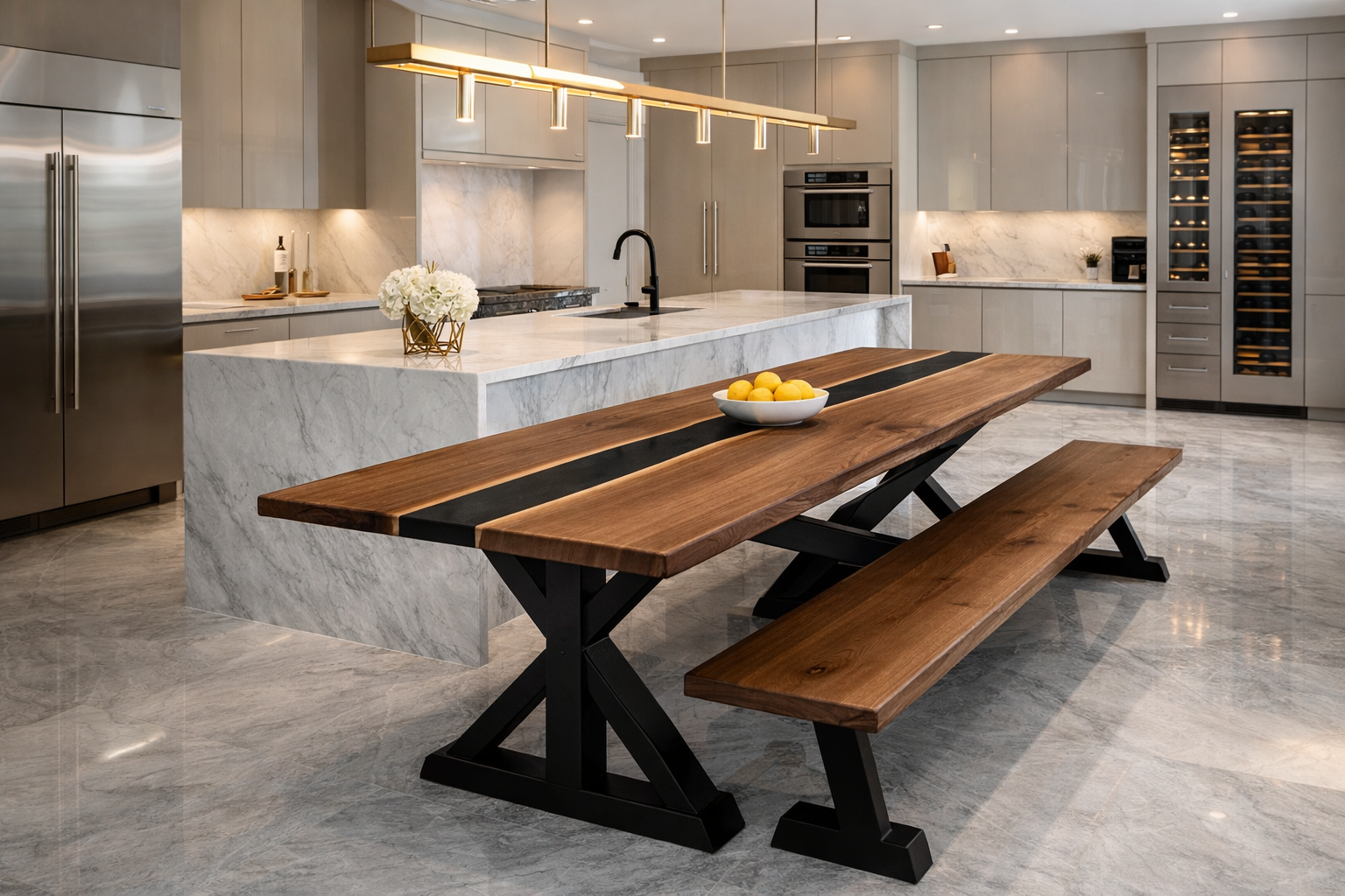 Black Walnut Black Epoxy River Table with Bench